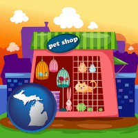 michigan map icon and a pet shop