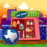 texas map icon and a pet shop